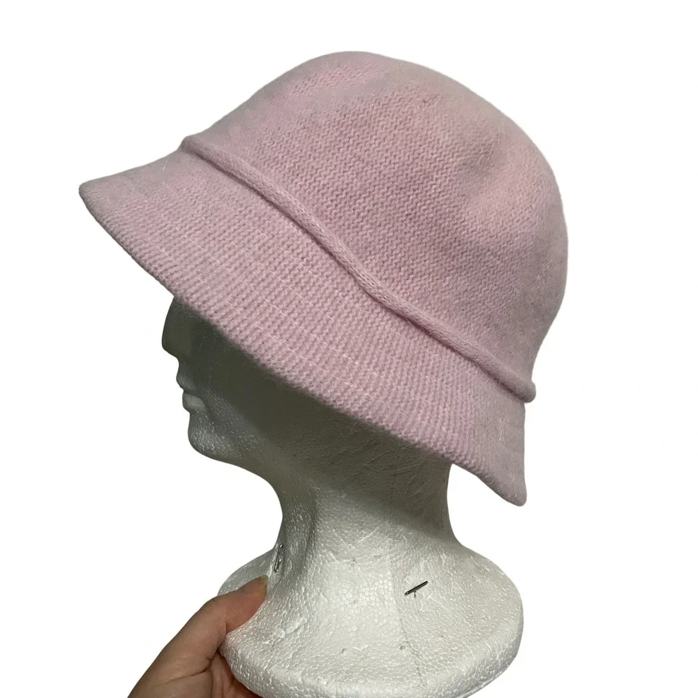 Women Fuzzy Baby Pink Rabbit Hair Cloche Bucket Hat with Bow Retro Y2K Pastel‎